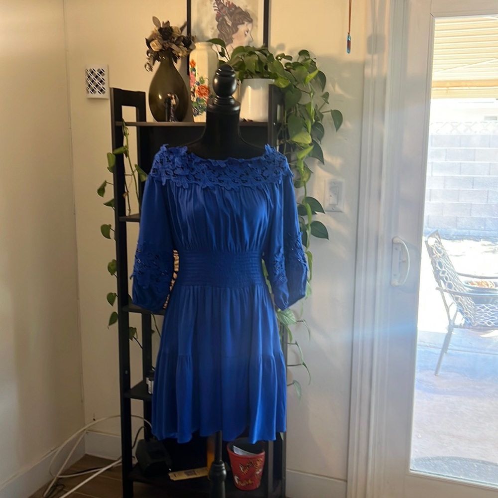 Off the shoulder, mini royal blue dress with flower details